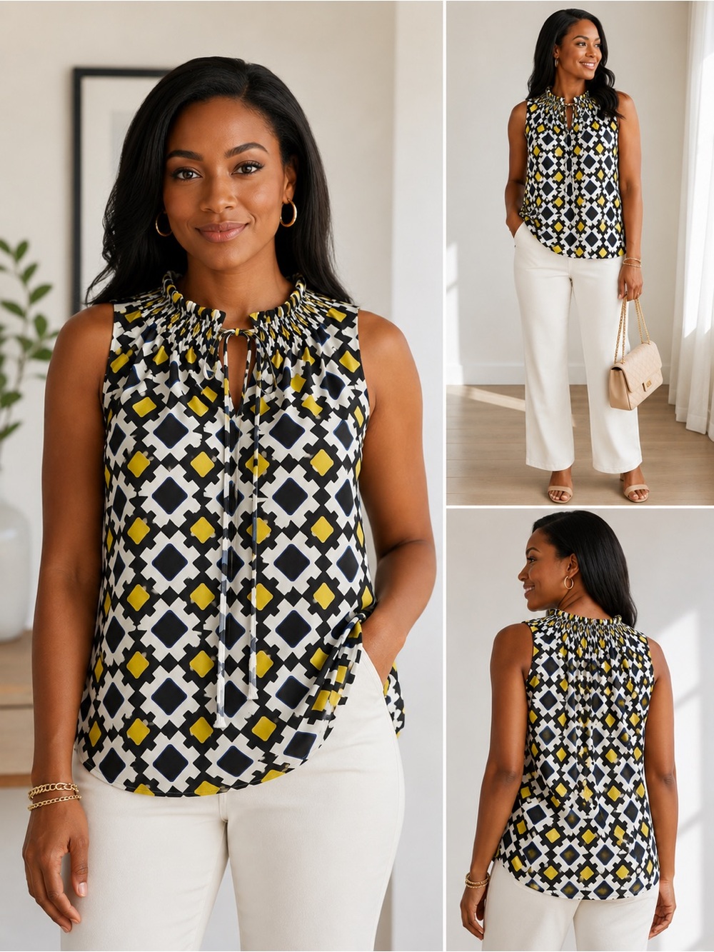 Banana Republic Geometric Print Smocked Neck Sleeveless Blouse L
